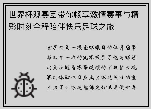 世界杯观赛团带你畅享激情赛事与精彩时刻全程陪伴快乐足球之旅
