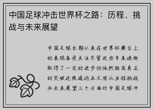 中国足球冲击世界杯之路：历程、挑战与未来展望