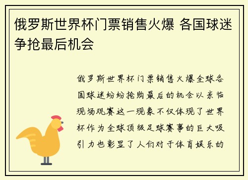 俄罗斯世界杯门票销售火爆 各国球迷争抢最后机会