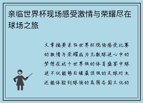 亲临世界杯现场感受激情与荣耀尽在球场之旅