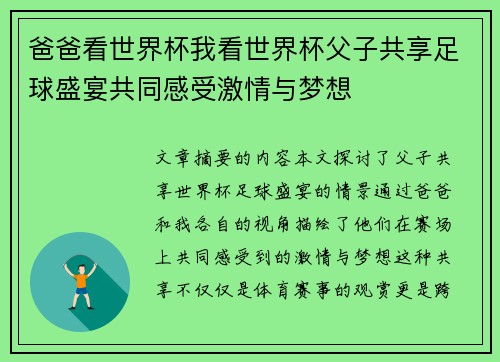 爸爸看世界杯我看世界杯父子共享足球盛宴共同感受激情与梦想