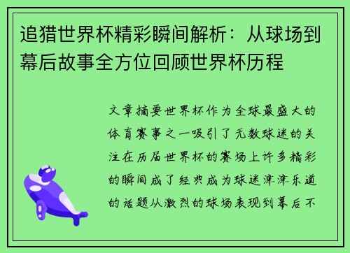 追猎世界杯精彩瞬间解析：从球场到幕后故事全方位回顾世界杯历程